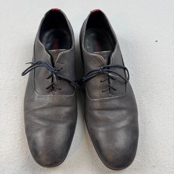 Hugo Boss Leather Derby Oxford Shoes Mens 9 Black Almond Toe Minimal Designer